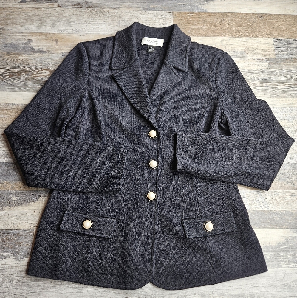 St. John Collection Knit Wool Blend Blazer Black Large Pearl Buttons Size 4